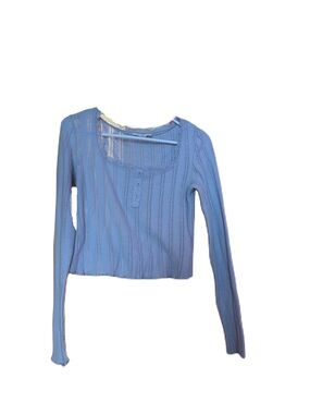 Pink Rose Light Blue Ribbed Henley Long Sleeve Top